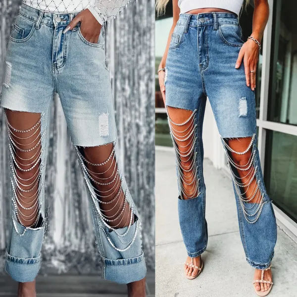 EVE Sexy Holes Chain Patchwork Straight Jeans GYAN-3286