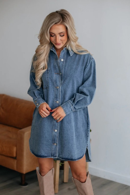 EVE Button Down Long Sleeve Denim Midi Dress GYAN-3298