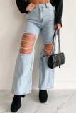 EVE Ripped Chain Patchwork Denim Straight Pants GYAN-3266