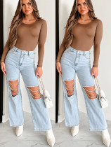EVE Ripped Chain Patchwork Denim Straight Pants GYAN-3266