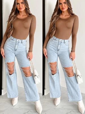 EVE Ripped Chain Patchwork Denim Straight Pants GYAN-3266