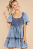 EVE Loose Plunge Short Sleeve Denim Dress GYAN-22834