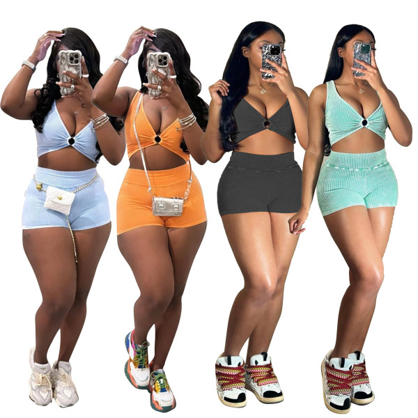 EVE Solid Color Sleeveless Vest Two Piece Shorts Set TR-1309