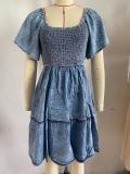 EVE Loose Plunge Short Sleeve Denim Dress GYAN-22834