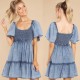 EVE Loose Plunge Short Sleeve Denim Dress GYAN-22834