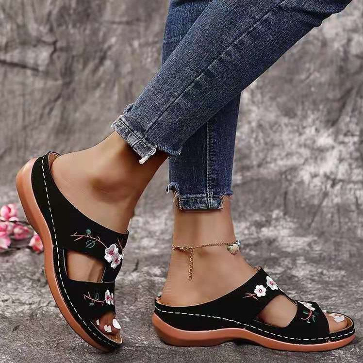 EVE Embroidered Flower Slope Heel Thick Sandals GYUX-5522