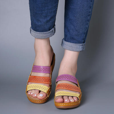 EVE Colorblocked Hollow Out Slope Heel One Slippers GYUX-45566