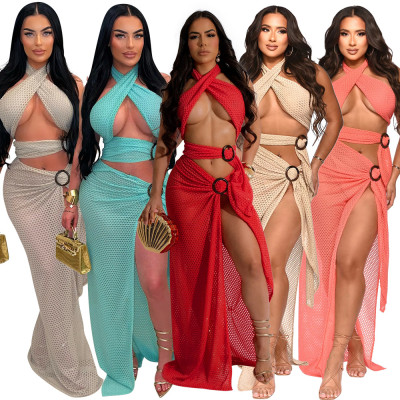 EVE Sexy Halter High Split Solid Maxi Dress CYA-901200