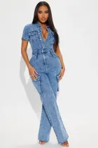 EVE Short Sleeve Single Breasted Denim Straight Jumpsuit LX-6201