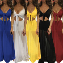 EVE Mesh Patchwork Tie Knot Sling Maxi Dress SH-3164
