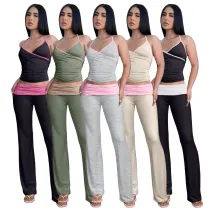 EVE V Neck Halter Bandage Pleated Pants Two Piece Set ASL-6711