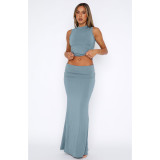 EVE Solid Color Sleeveless Half Body Skirt Two Piece Set ASL-6712