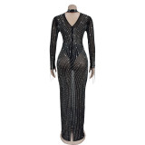 EVE Long Sleeve Mesh Hot Drill Maxi Dress BY-6919