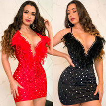 EVE Hot Drill Feather V-Neck Backless Mini Dress NY-3178