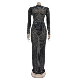 EVE Long Sleeve Mesh Hot Drill Maxi Dress BY-6919