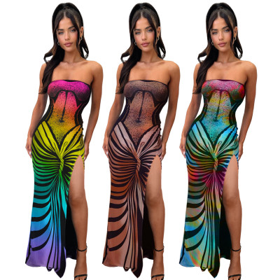 EVE Sexy Backless Printed Tube Tops Split Maxi Dress ASL-6722