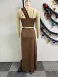 EVE Solid Color Slash Shoulder Split Skirts Two Piece Set NY-10783