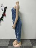 EVE Fashion Denim Wrap Chest Patchwork Jumpsuit NY-5006