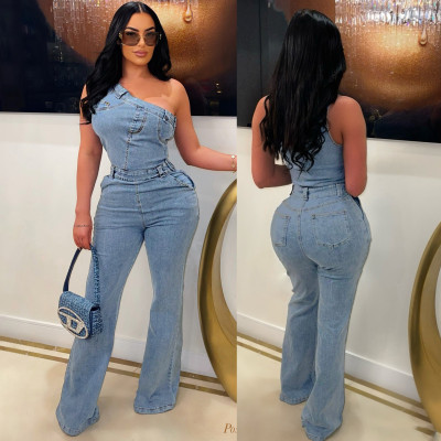 EVE Slanted Shoulder Sleeveless Denim Flare Jumpsuit LX-6976