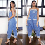 EVE Fashion Denim Wrap Chest Patchwork Jumpsuit NY-5006