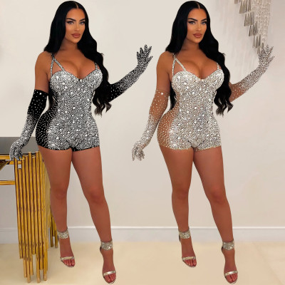 EVE Solid Mesh Hot Drill See Through Romper BY-6902