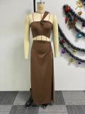 EVE Solid Color Slash Shoulder Split Skirts Two Piece Set NY-10783
