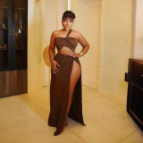 EVE Solid Color Slash Shoulder Split Skirts Two Piece Set NY-10783