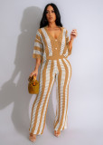 EVE V-neck Hollow Out Striped Lapel Knit Pants Set ZSD-0318