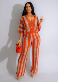 EVE V-neck Hollow Out Striped Lapel Knit Pants Set ZSD-0318