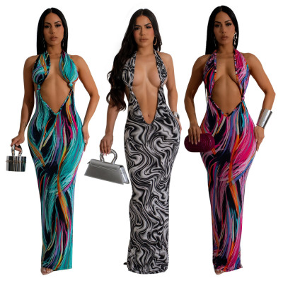 EVE Sexy Backless Halter Print Maxi Dress CYA-901187