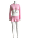 EVE Color Block Long Sleeve Hooded Short Skirt Two Piece Set CH-24023