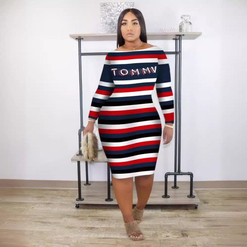 EVE Plus Size Letter Print Striper Color Block Midi Dress OM-1760