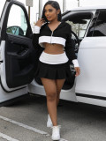 EVE Color Block Long Sleeve Hooded Short Skirt Two Piece Set CH-24023