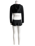 EVE Color Block Long Sleeve Hooded Short Skirt Two Piece Set CH-24023