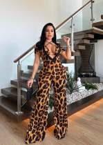 EVE Leopard Print Tie Up Bra And Wide Leg Jumpsuit 2 Piece Set TE-4684