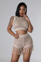 EVE Knitted Hollow Out Tassel Sexy Shorts Two-piece Set QXTF-8309