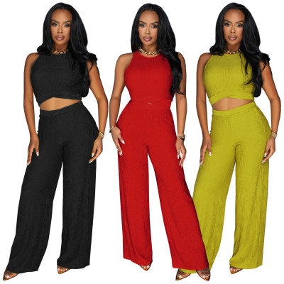 EVE Sleeveless Tie Up Tops Wide Leg Pants Two Piece Set ME-8513