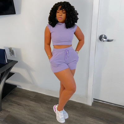 EVE Solid Sport Short Sleeve T Shirt Two Piece Shorts Set BMF-2168