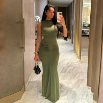 EVE Solid Color Pleated Sleeveless Maxi Dress GZJQ-K24D43233