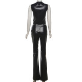 EVE Solid Sleeveless Holes PU Leather Slim Pants Set GZJQ-K24S43419