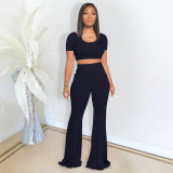 EVE Solid Color Short Sleeve Flare Pant 2 Piece Set DDF-8073