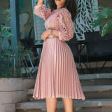 EVE Lace Hollow Out Patchwork Solid Midi Dress GATE-254