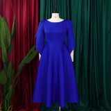 EVE Solid Color 3/4 Sleeve Big Swing Midi Dress GATE-413