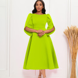 EVE Solid Color 3/4 Sleeve Big Swing Midi Dress GATE-413