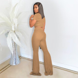 EVE Solid Color Short Sleeve Flare Pant 2 Piece Set DDF-8073