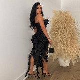 EVE Sexy Solid Irregular Tassel High Split Midi Dress CYA-901043