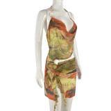 EVE Mesh Print Irregular Sling Mini Dress GFRT-31729SHY
