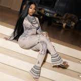 EVE Long Sleeve Print Mesh Tight Jumpsuit GZJQ-K23Q38228