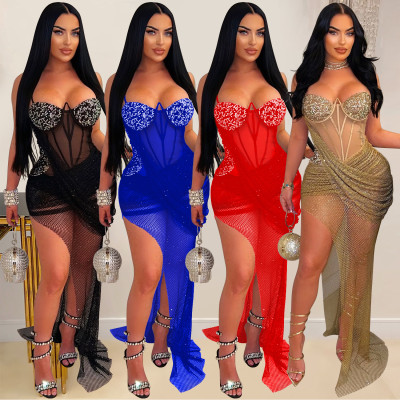 EVE Mesh Hot Drill Patchwork Maxi Dress GFYX-6883
