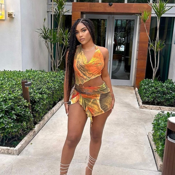 EVE Mesh Print Irregular Sling Mini Dress GFRT-31729SHY